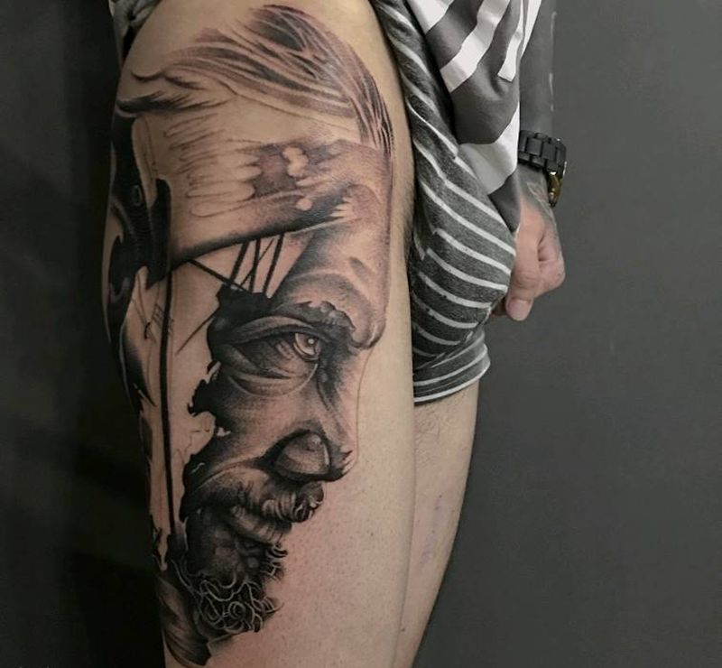 欧美大腿  未完成纹身图片_欧美写实点刺纹身图案