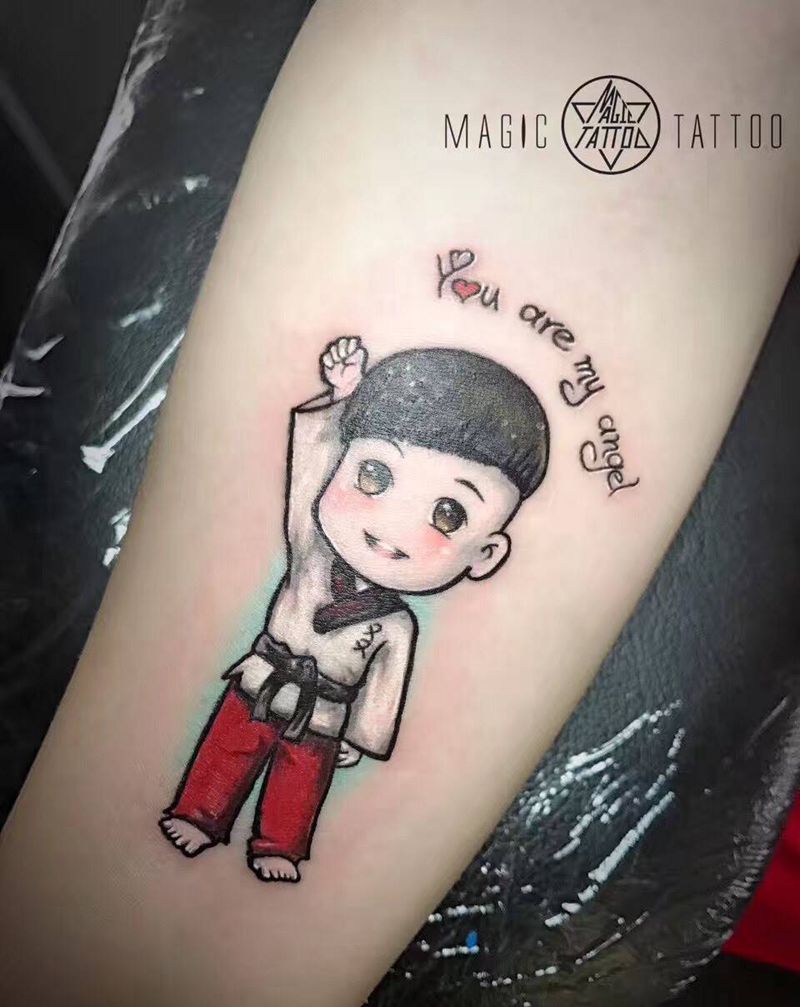 爱跆拳道的孩子纹身图片_成品手臂欧美人物蚌埠彩色schoolQ版卡通纹身图案