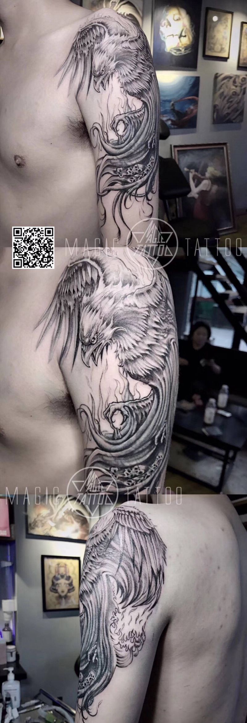 凤凰遮盖，黑灰部分完成纹身图片