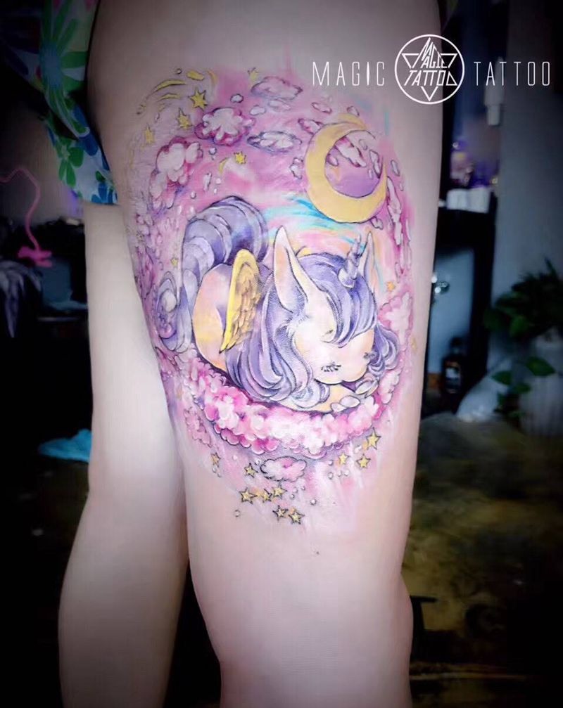 独角兽疤痕遮盖纹身图片_成品腿部蚌埠水彩独角兽纹身图案