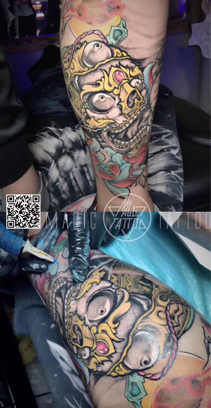 嘎巴拉纹身图片_腿部新传统嘎巴拉纹身图案