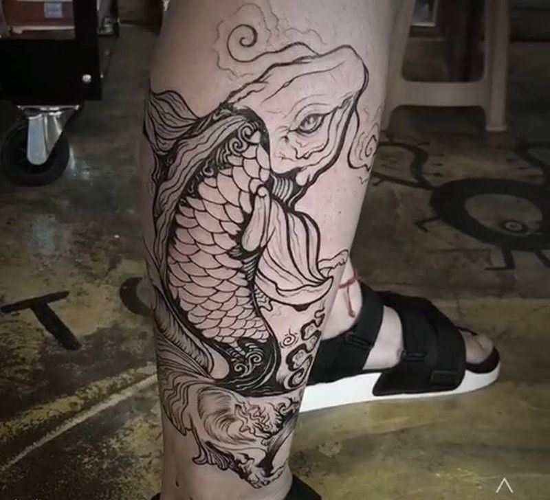 鲲，黑灰未完成，下次跟彩色一起纹身图片_腿部蚌埠鲲纹身图案