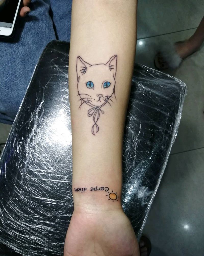 小图纹身图片_手臂腿部花体字新传统猫字母永义堂纹身图案