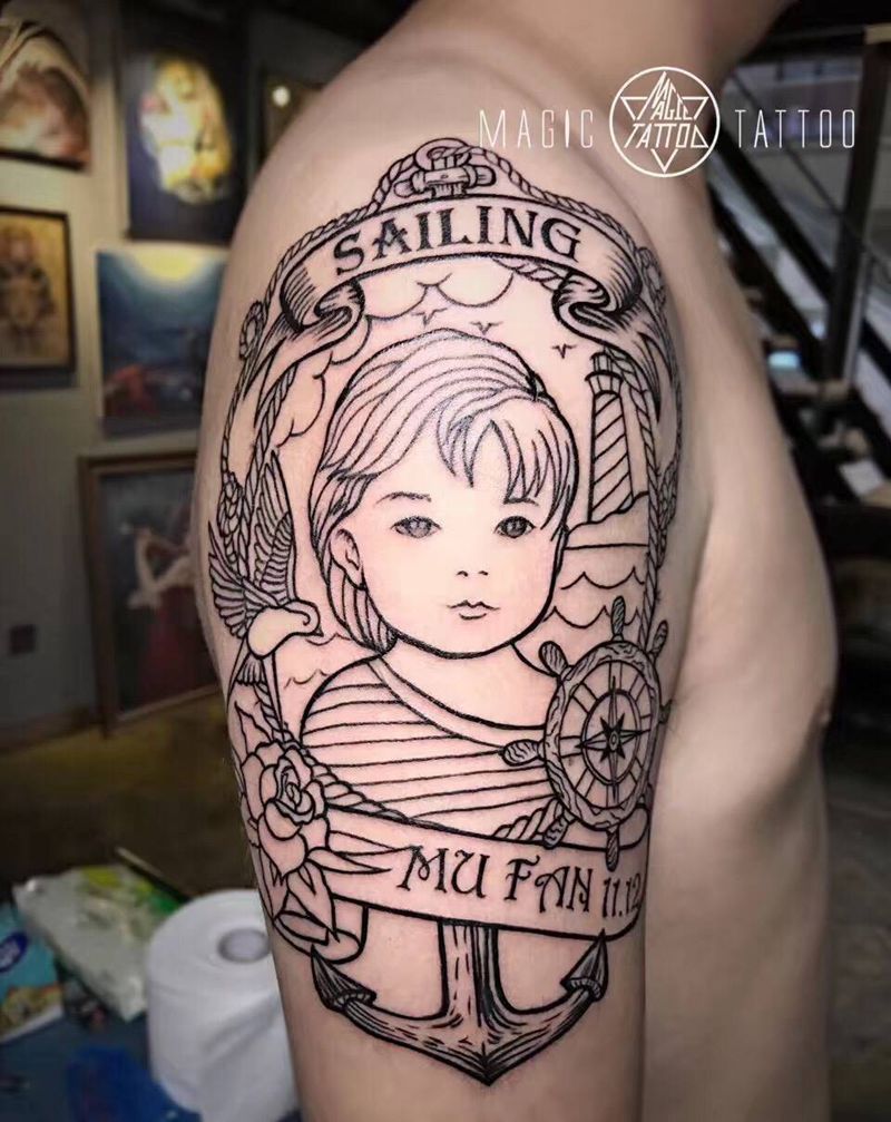 《远航》，未完纹身图片_手臂欧美school船锚灯塔蚌埠纹身图案