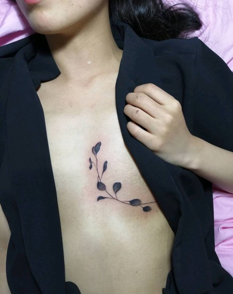 小图，树叶纹身图片_胸部背部几何新传统纹身图案