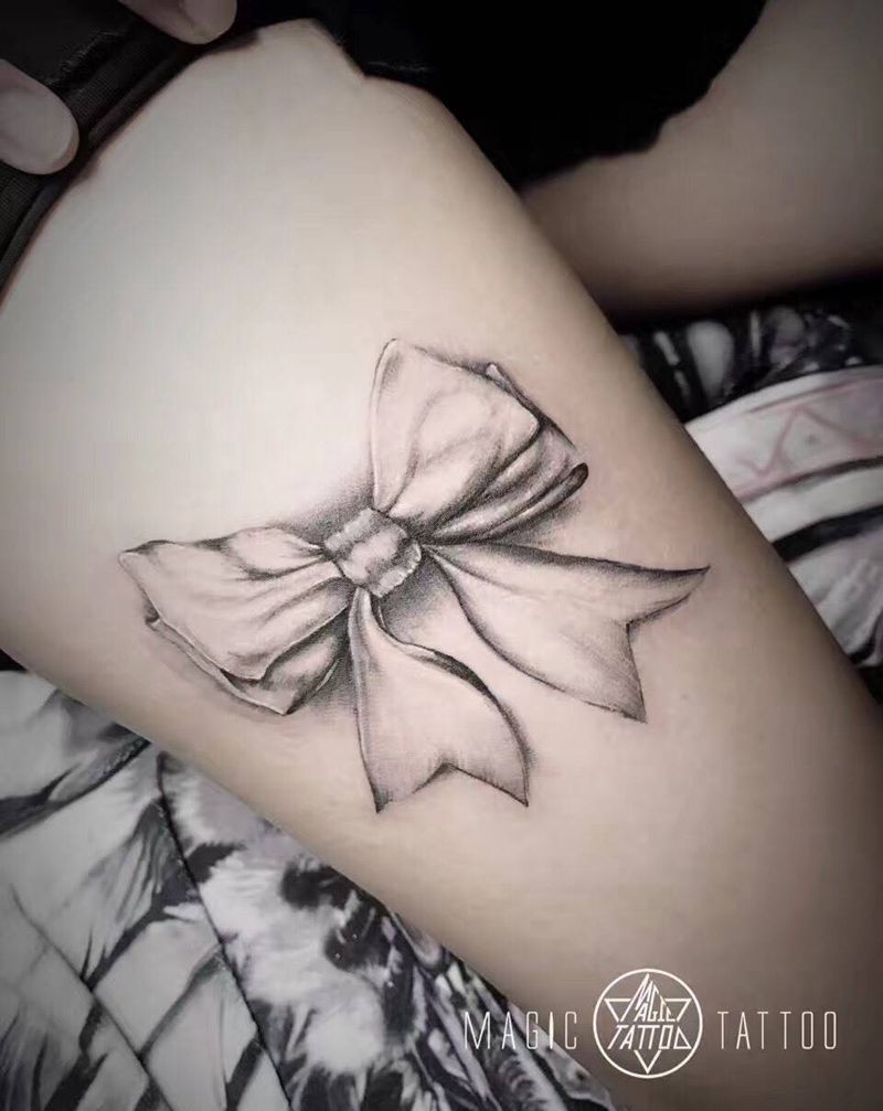 蝴蝶结纹身图片_成品腿部写实静物蚌埠蕾丝蝴蝶结纹身图案