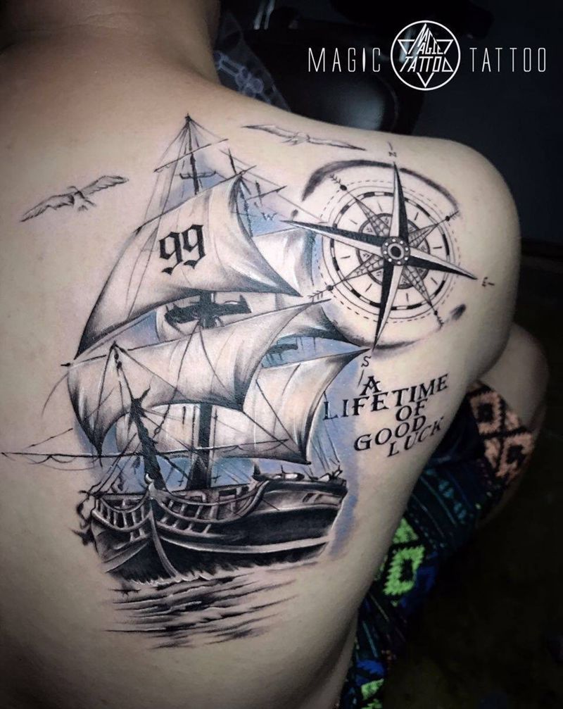父爱纹身图片_成品背部欧美蚌埠帆船海鸥彩色指南针纹身图案