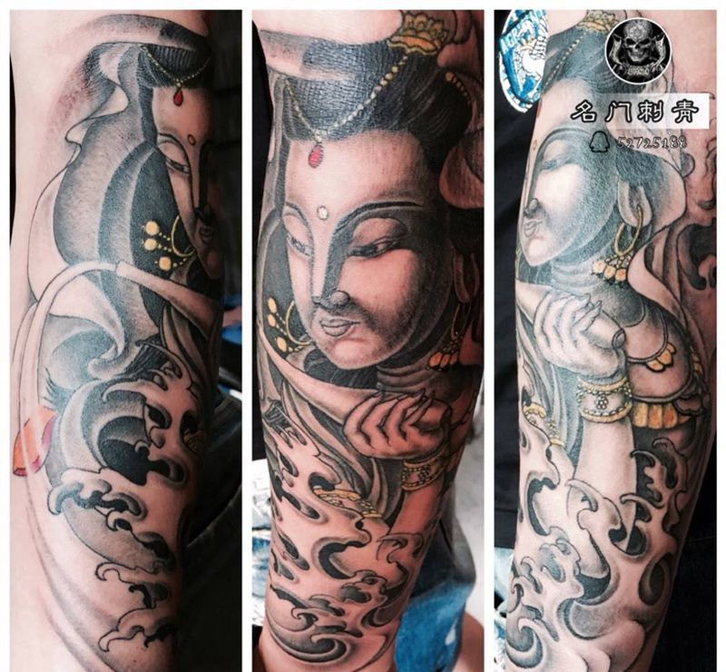 观音菩萨纹身图片_成品手臂传统宗教纹身图案