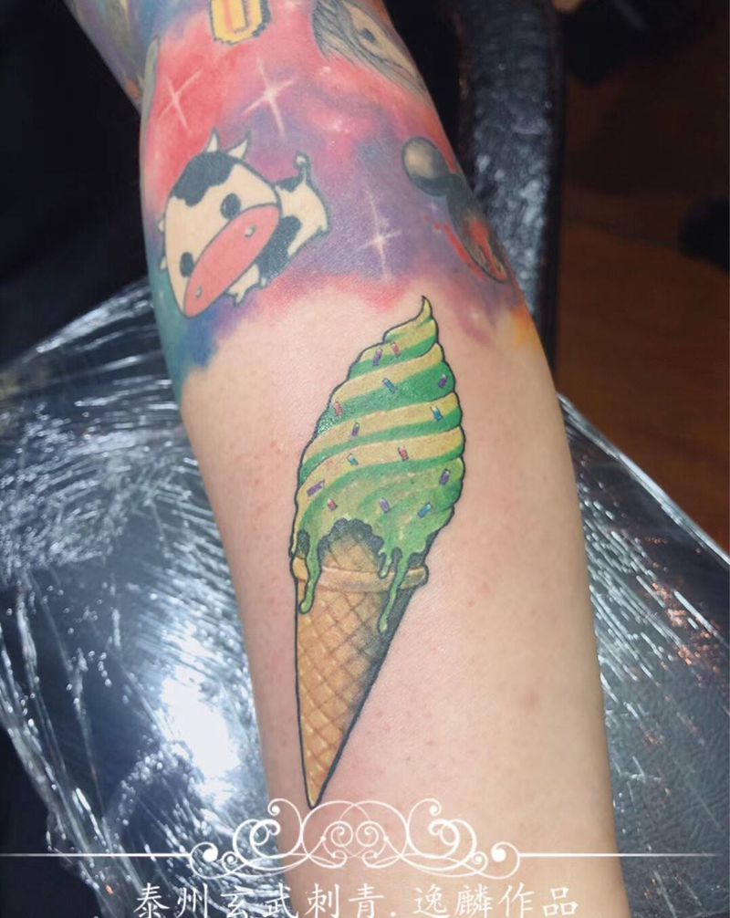 抹茶冰淇淋纹身图片_手臂New School纹身图案