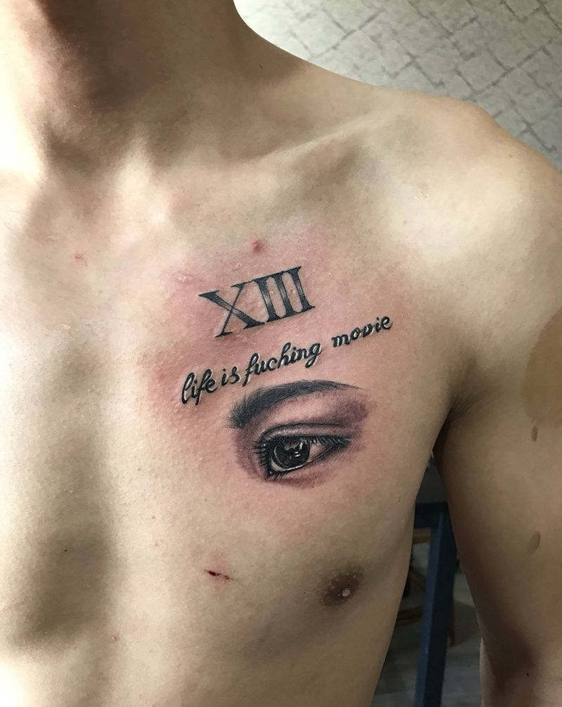 眼睛纹身图片_胸部欧美写实纹身图案