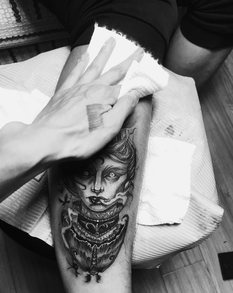 暗黑系纹身图片_腿部欧美暗黑纹身图案