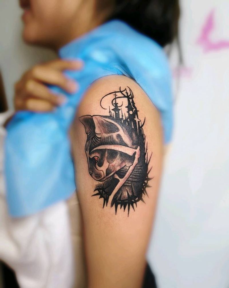 黑灰猫图案纹身图片_手臂纹身图案