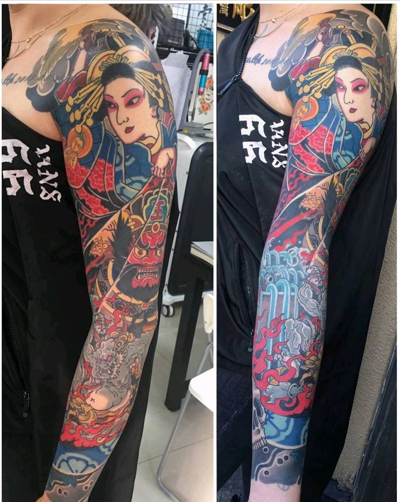 地狱太夫纹身图片_手臂老传统纹身图案