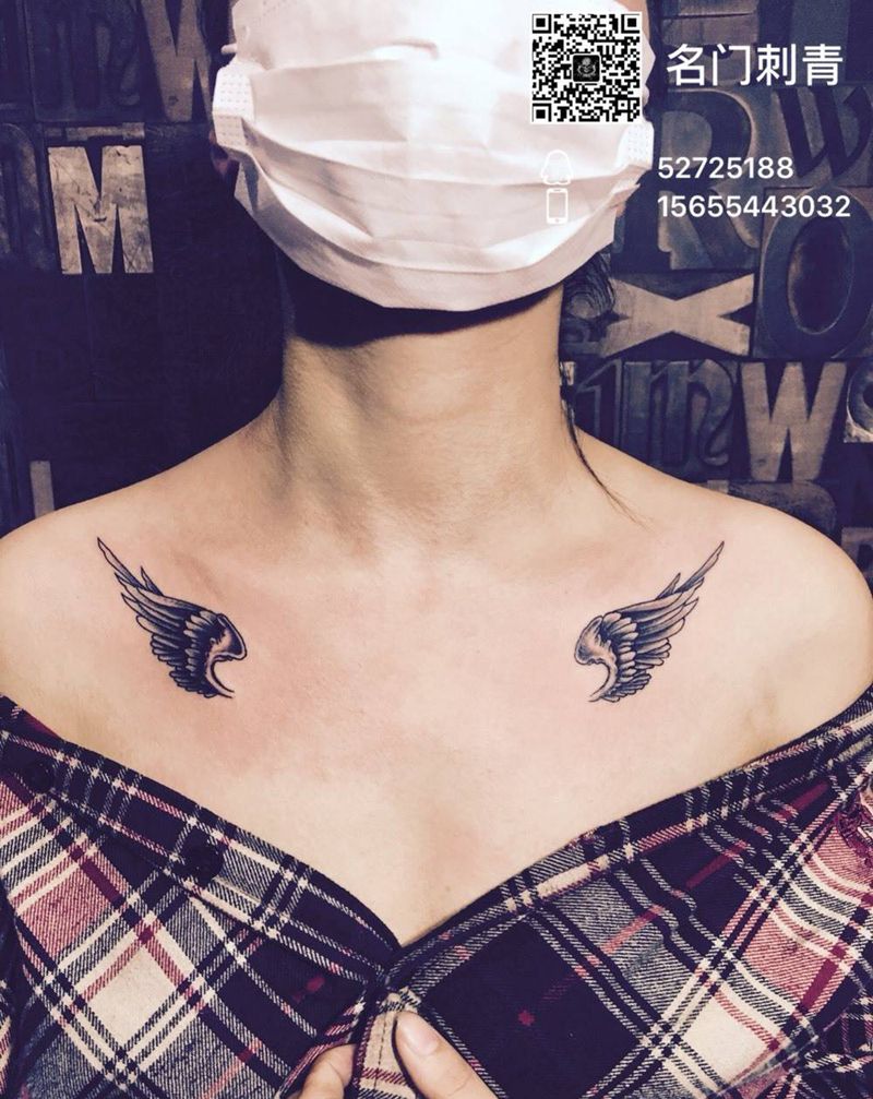 翅膀纹身图片_成品胸部清新纹身图案