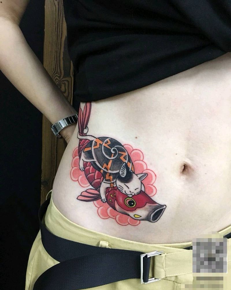 遮盖 鲤鱼旗纹身图片_腹部老传统纹身图案