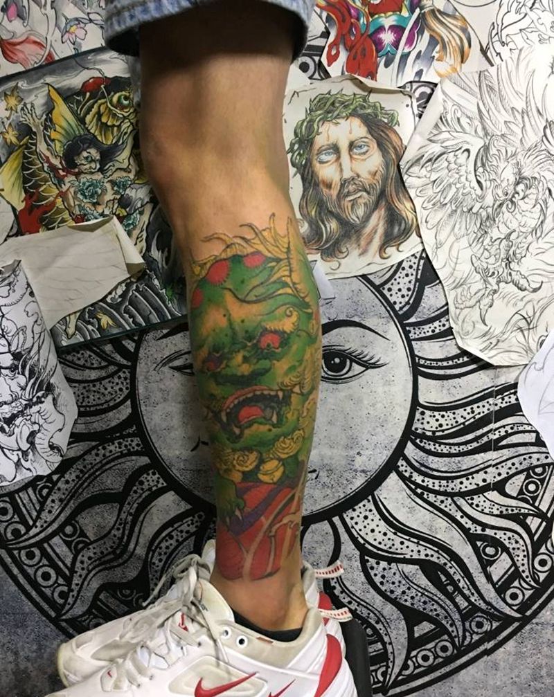 唐狮纹身图片_新传统纹身图案