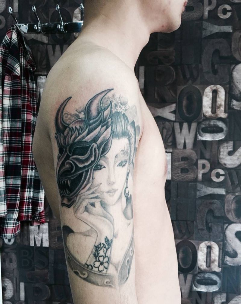 艺伎纹身图片_人物肖像手臂成品纹身图案