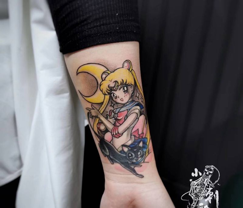 水冰月遮盖纹身图片_手臂New School水彩纹身图案