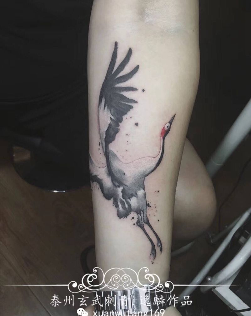 水墨仙鹤纹身图片