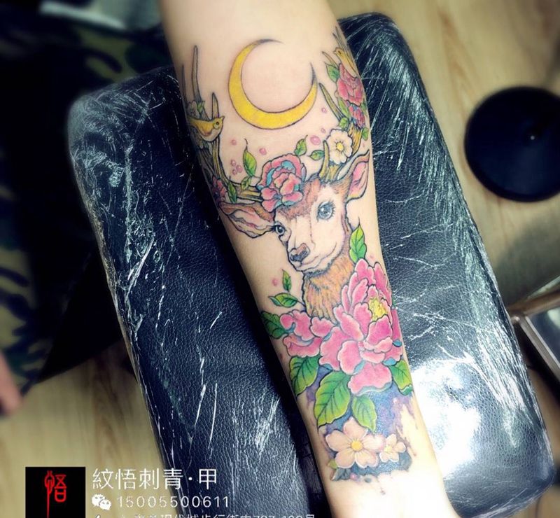 鹿纹身图片_成品手臂清新动物纹身图案