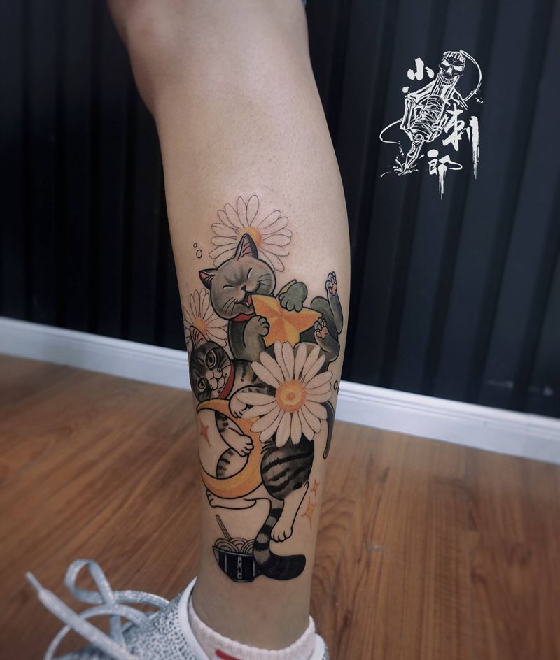 水彩小清新遮盖旧字母纹身图片_腿部New School水彩纹身图案