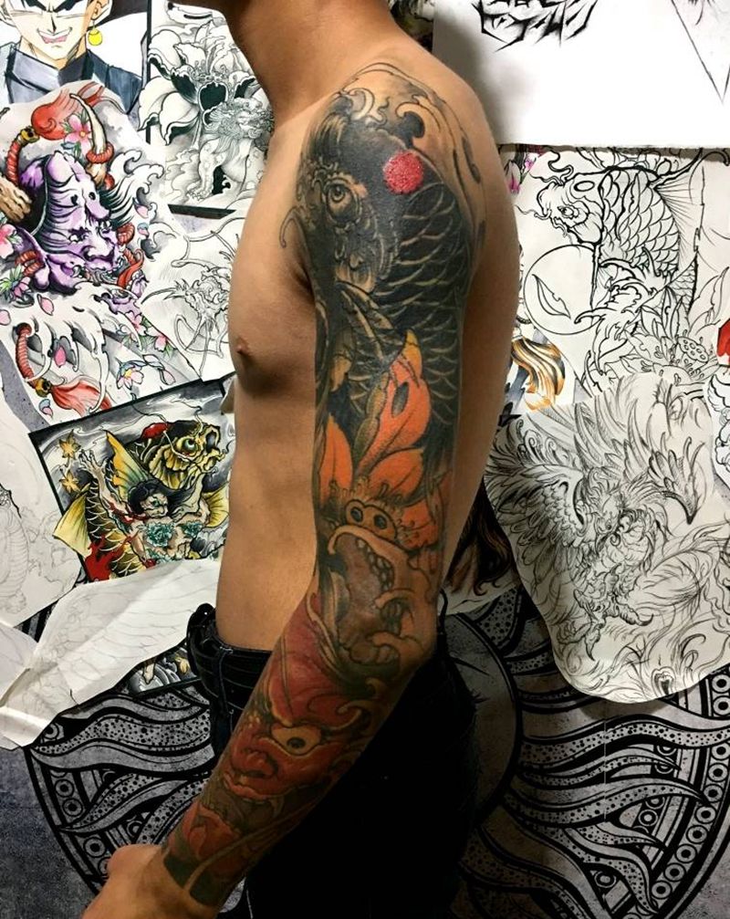 帅哥的遮盖老纹身花臂，今日完工纹身图片