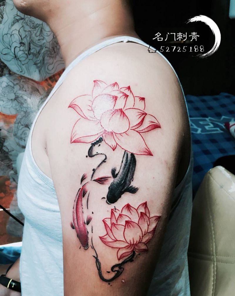 莲花鱼纹身图片_成品手臂国画动物纹身图案