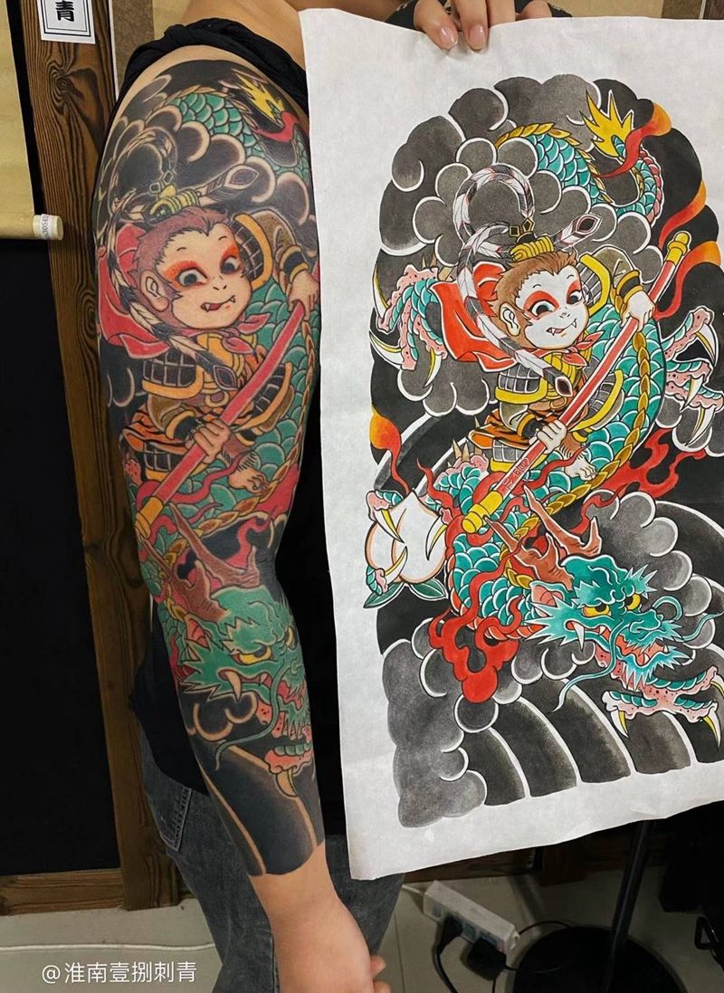 女生定制花臂孙悟空纹身图片_手臂老传统纹身图案