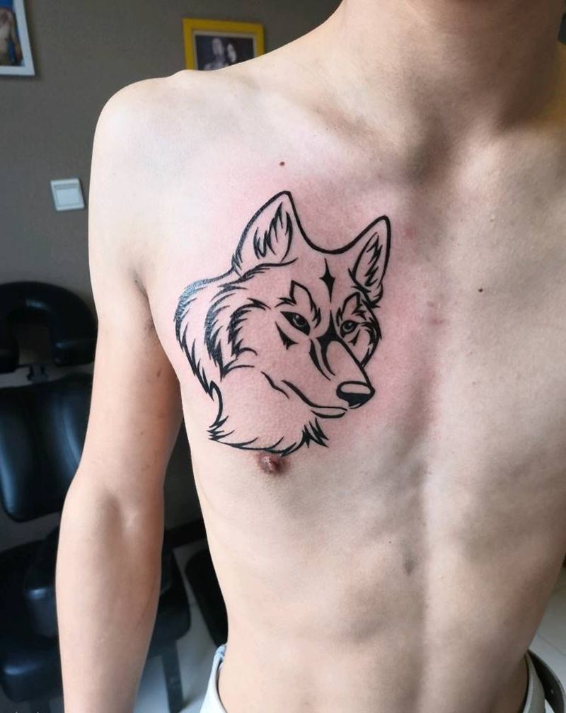 狼头线条纹身图片_胸部纹身图案