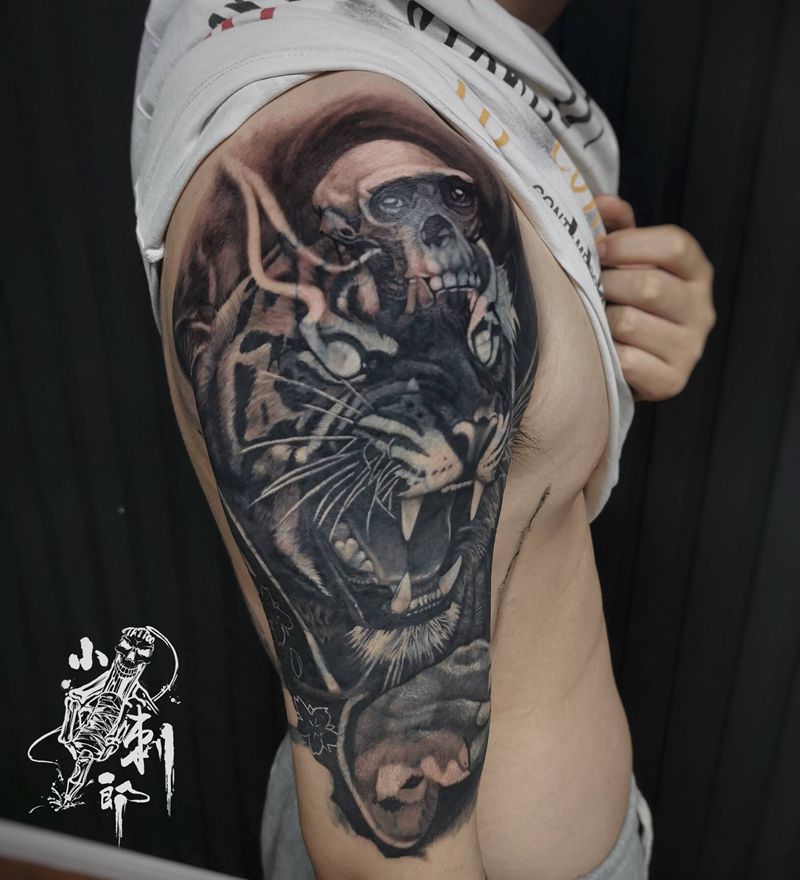 欧美老虎遮盖图2艺伎纹身图片_手臂欧美写实纹身图案