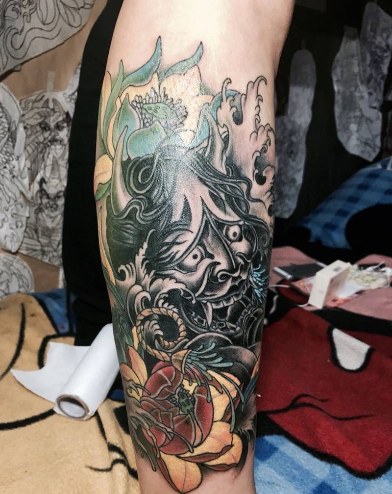 般诺纹身图片_成品腿部传统鬼神纹身图案