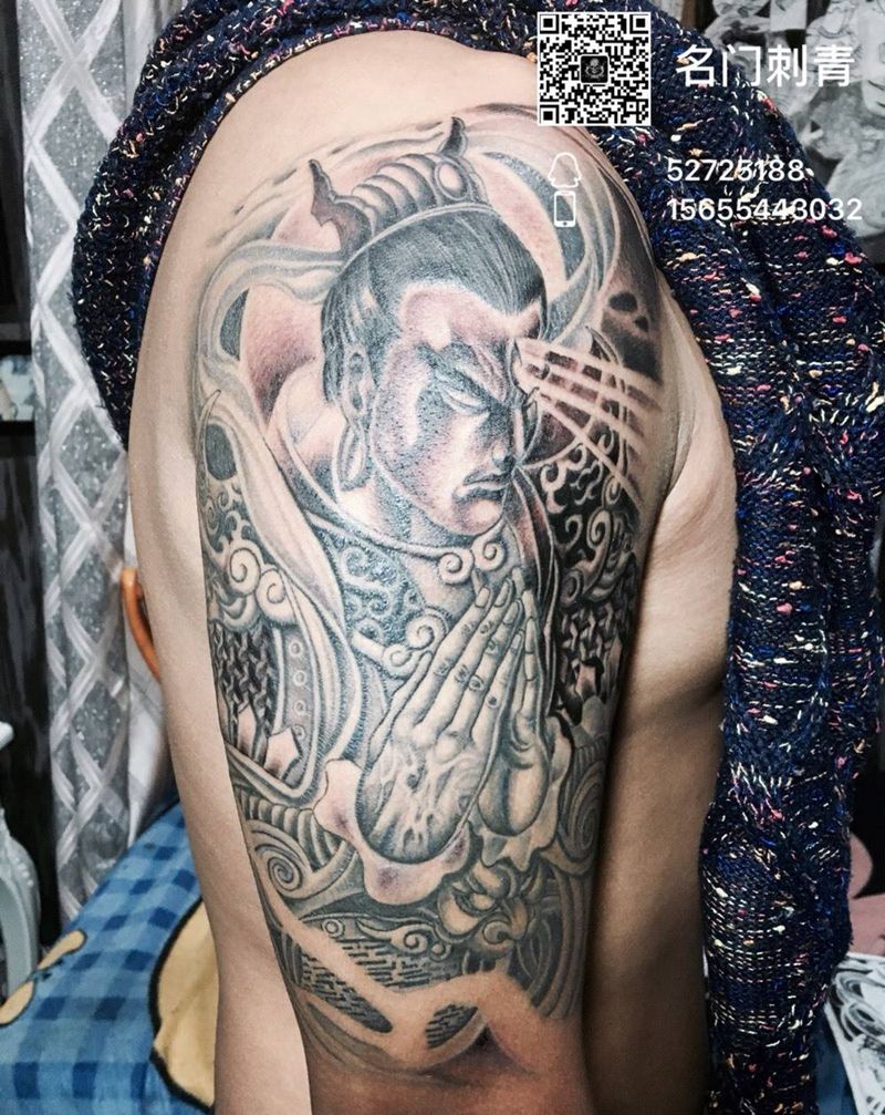 二郎神纹身图片_成品手臂鬼神传统纹身图案