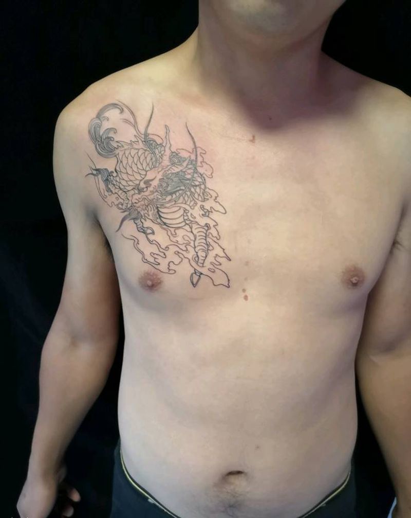 麒麟线条纹身图片_胸部纹身图案