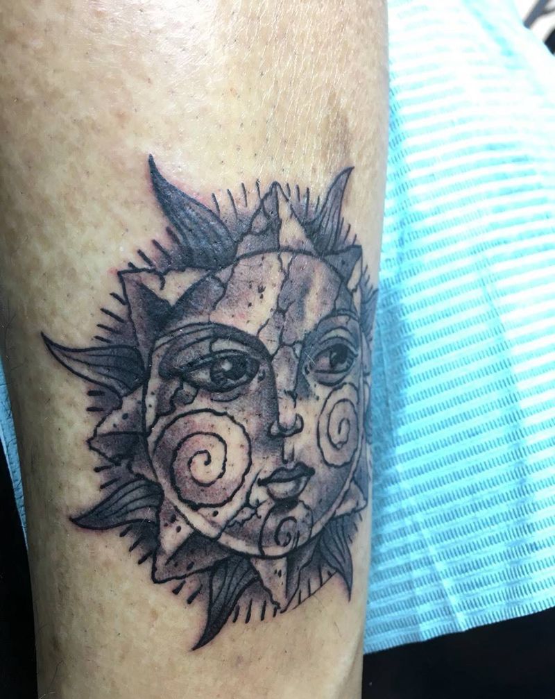 太阳神纹身图片_欧美宗教人物腿部成品纹身图案