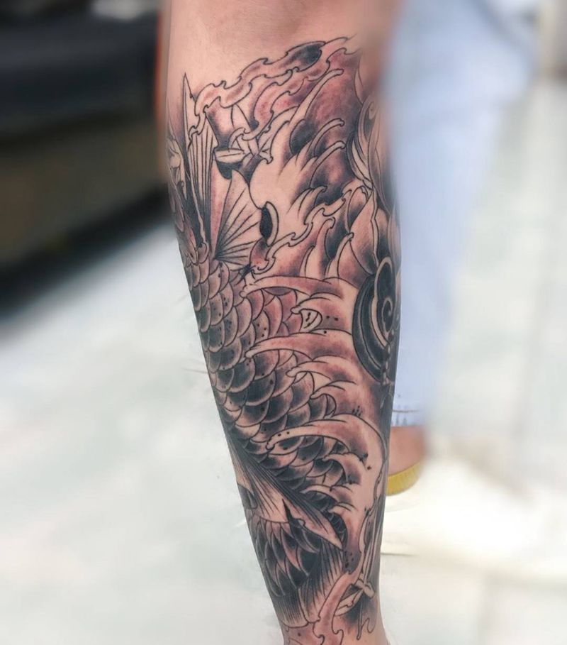 鲤鱼包小腿纹身图片