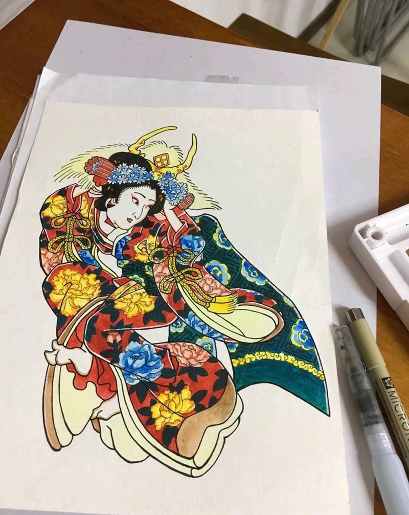 手稿狐妹子纹身图片_老传统纹身图案