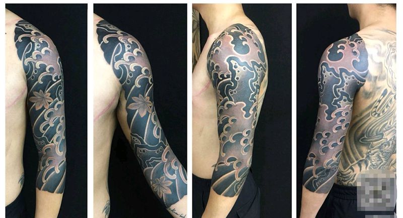 海浪七分臂纹身图片_手臂老传统纹身图案