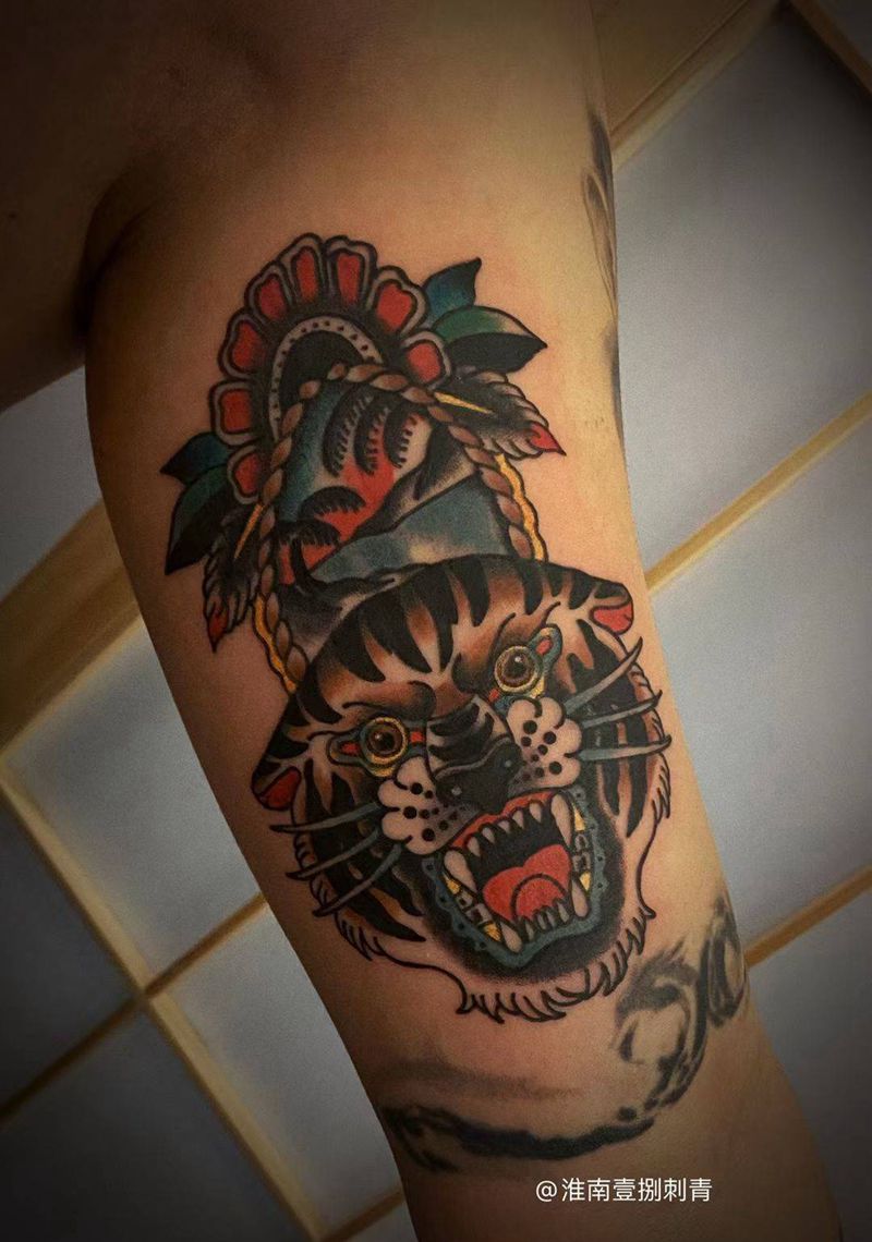 老虎头纹身图片_手臂Old School纹身图案