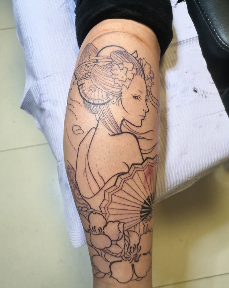 人物线条纹身图片_腿部纹身图案