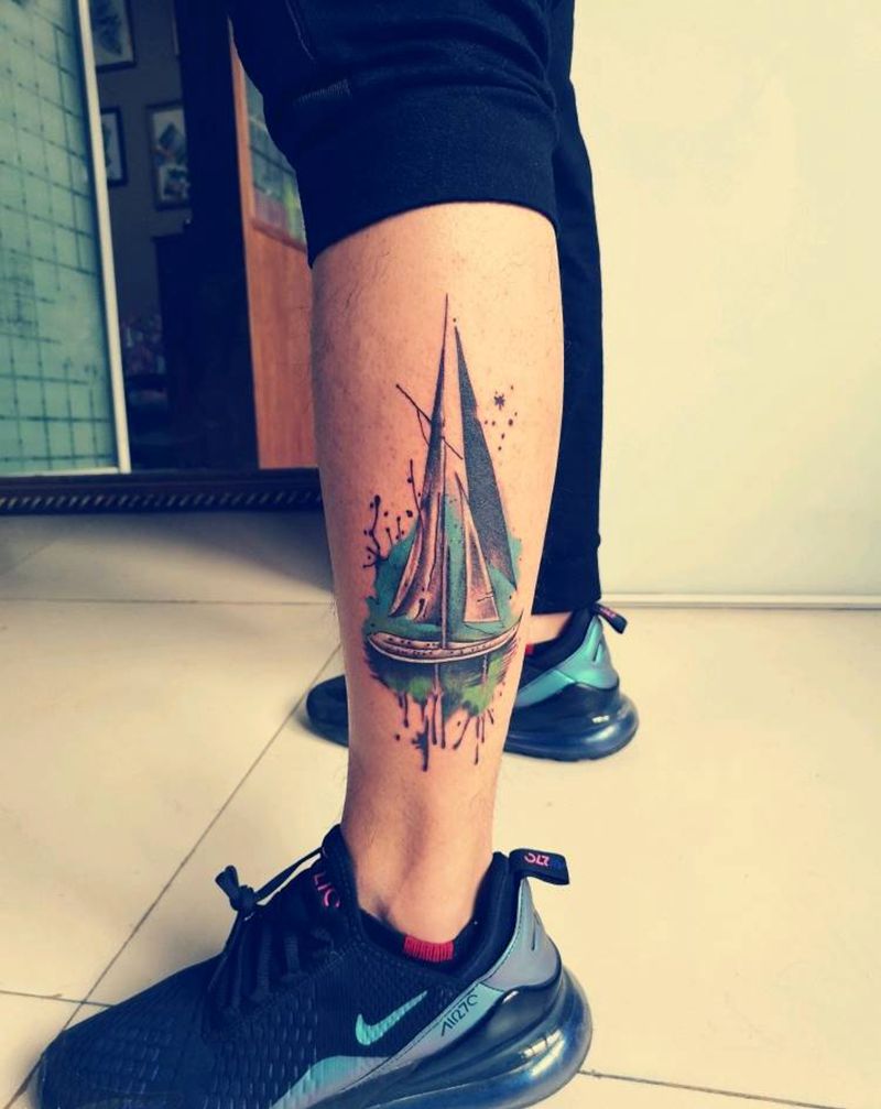 帆船纹身图片_腿部纹身图案