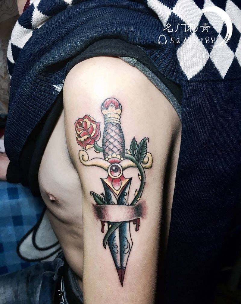 匕首纹身图片_成品手臂欧美纹身图案