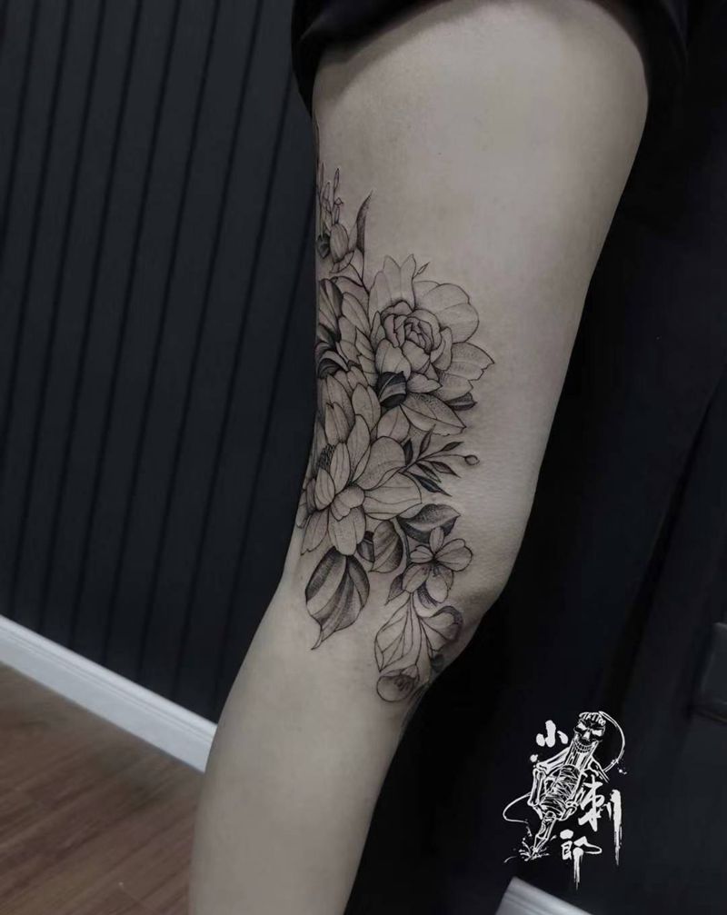 小姐姐素花遮盖伤疤纹身图片_腿部点刺纹身图案