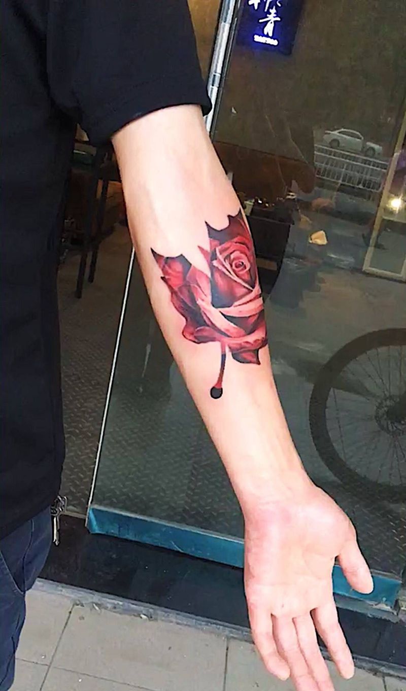枫叶玫瑰纹身图片_成品肩部胸部背部手臂腿部手部欧美写实植物纹身图案