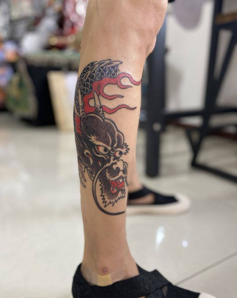 龙头纹身图片_腿部老传统纹身图案