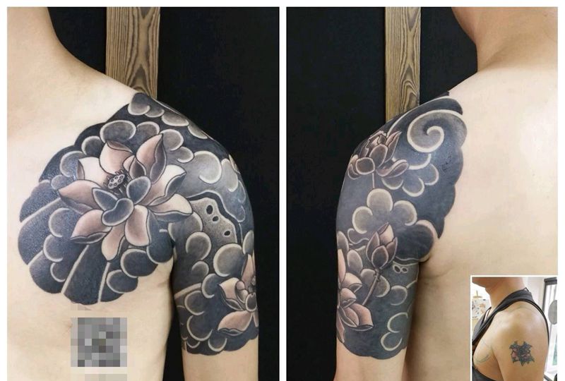 胸甲五分臂遮盖纹身图片_胸部老传统纹身图案