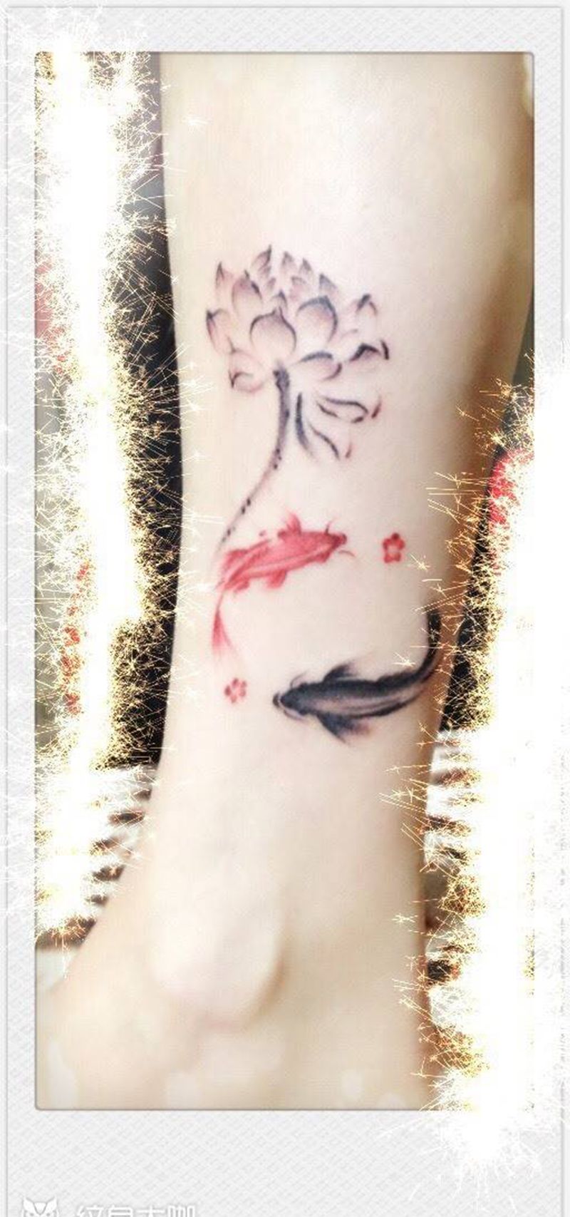 莲花鱼纹身图片_成品腿部国画植物纹身图案