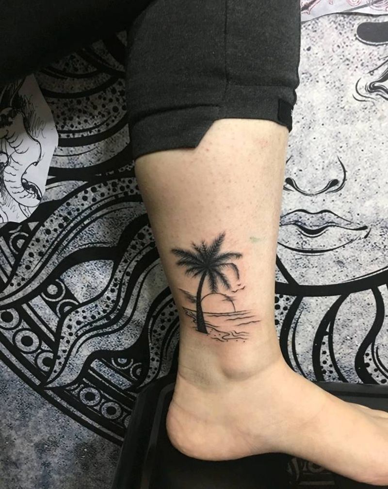 椰子纹身图片_腿部纹身图案