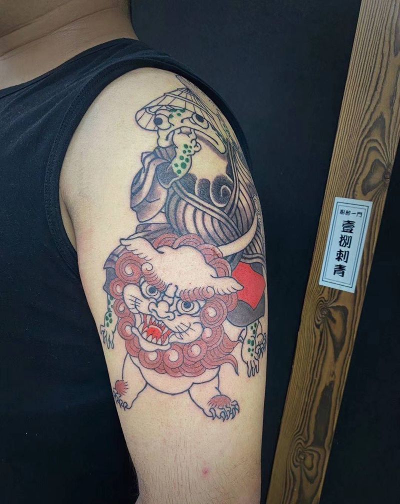 田鸡狮子头未完成纹身图片_手臂老传统纹身图案