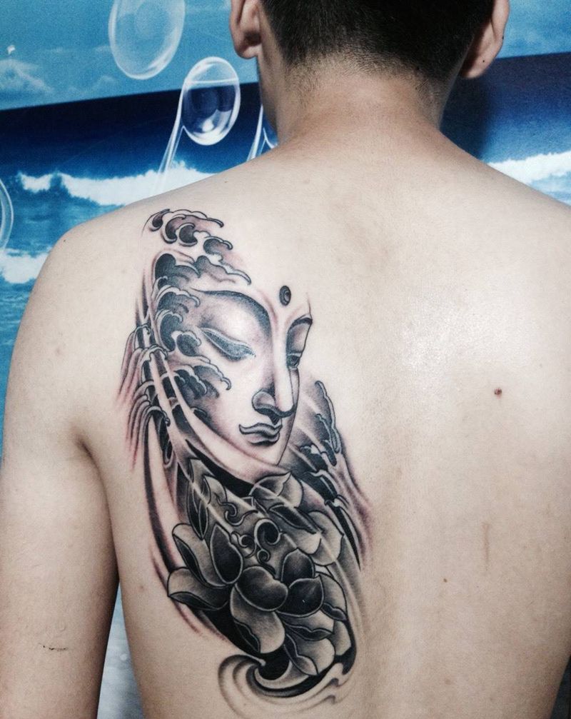 佛纹身图片_成品肩部传统宗教纹身图案