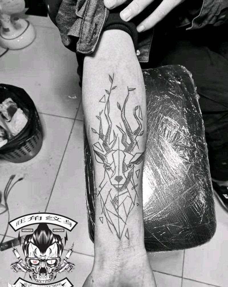 鹿头简约线条纹身图片_手臂纹身图案